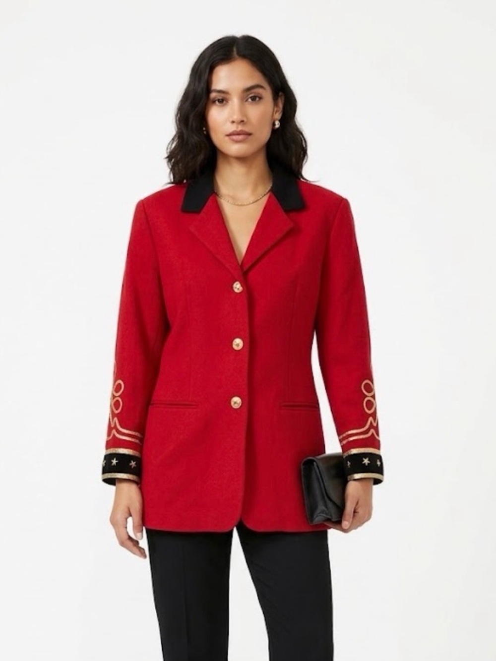 VTG Lew Magram Red Merino Wool Military Blazer Gold Embroidered Stars Jacket 14
